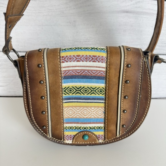 Tony Lama Woven Accent Colorful‎ SaddleBag Leather Southwestern Crossbody Purse - Picture 3 of 12